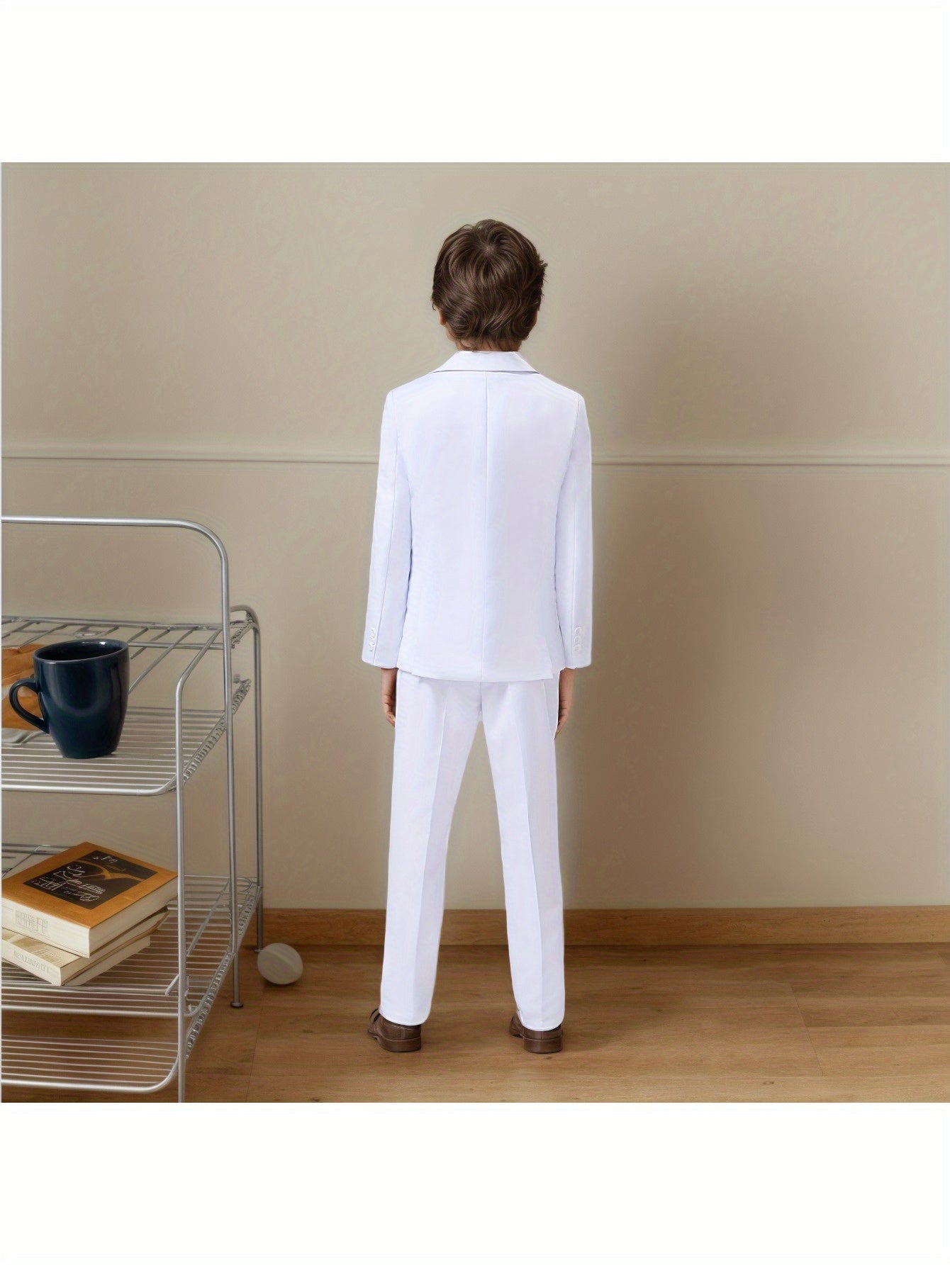 Boys' 4pcs Serge Suit Set: Jacket + White Ruffled Shirt + Pants + White Tie, White/ Black/ Royal Blue, Sizes 2-16, Ideal for Weddings/ Flower Boy/ Back to School, Perfect for Outdoor, Perfect for Thanksgiving, Perfect for Chr