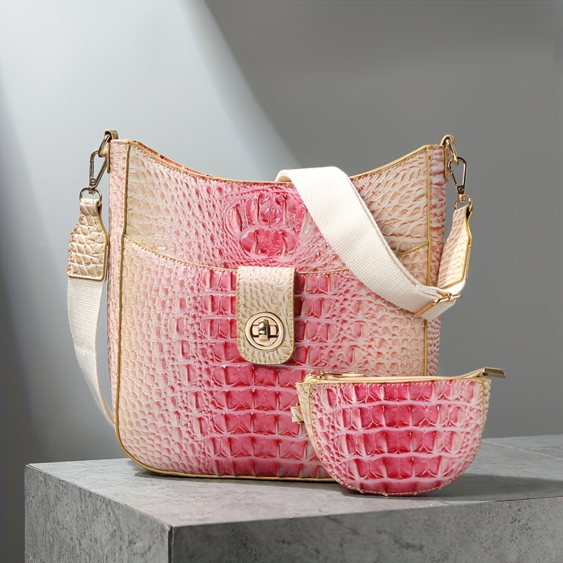 Elegant women's cross-body bag, fashionable color crocodile pattern cross-body bag, wide shoulder strap removable two-piece women's bag, safety zipper bag with coin purse