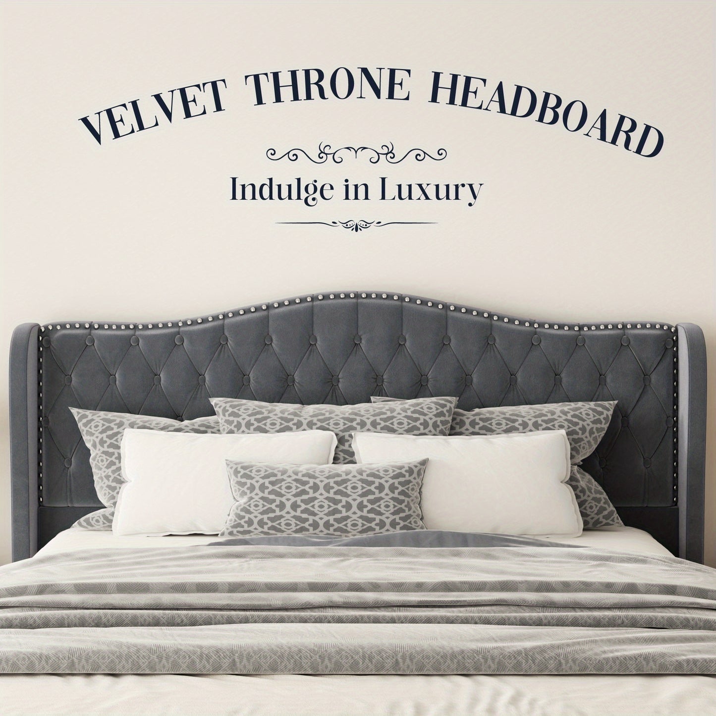 Queen Size Platform Bed Frame with 51-inch Tall Camelback Headboard & Wingback, Gorgeous Studded Trim, Mattress Foundation, No Box Spring Needed, Cream