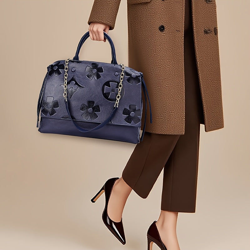 [Elegant Floral Tote Bag] IVKMIVK Women's Floral Embossed Tote Bag - Elegant Synthetic Faux Leather with Golden-Tone Hardware, Large Capacity, Perfect for Daily Commute, Office, and Travel | Floral Embossed Design | Office To