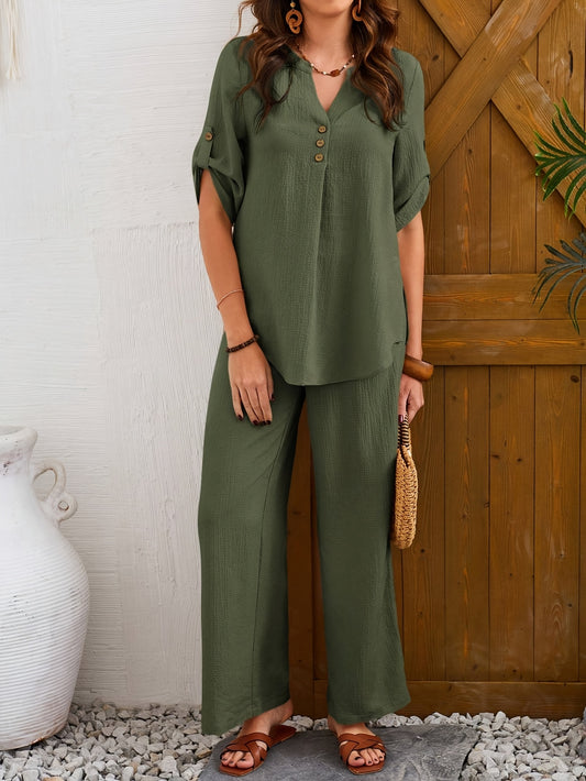 2pcs Solid Color Minimalist Casual Women's Short Sleeve Top and Pants Set