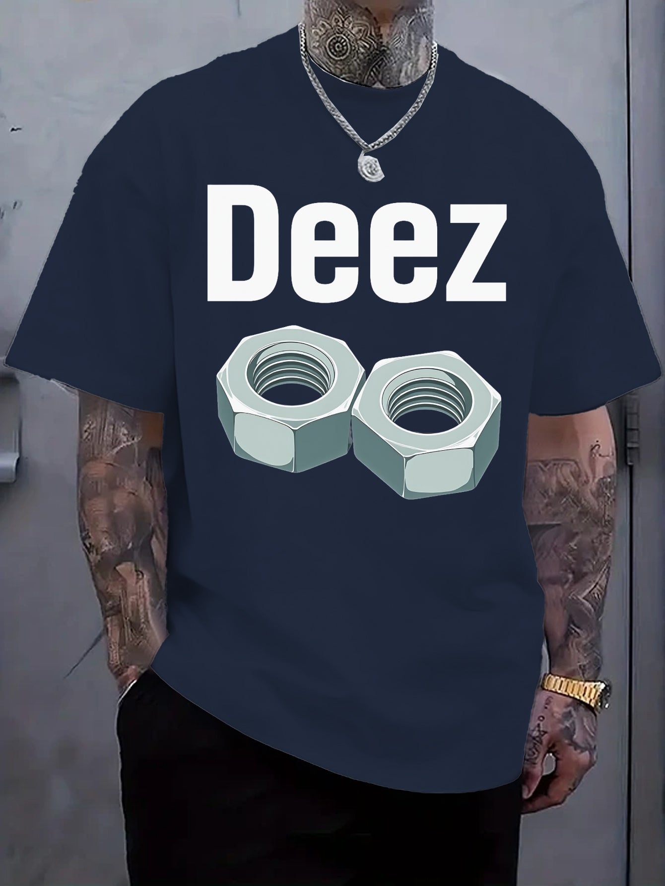 Men's Casual Loose Fit Round Neck T-Shirt - White Tee with Bold "Deez" Text & Nut Graphics, Machine Washable Streetwear Top for Everyday Comfort