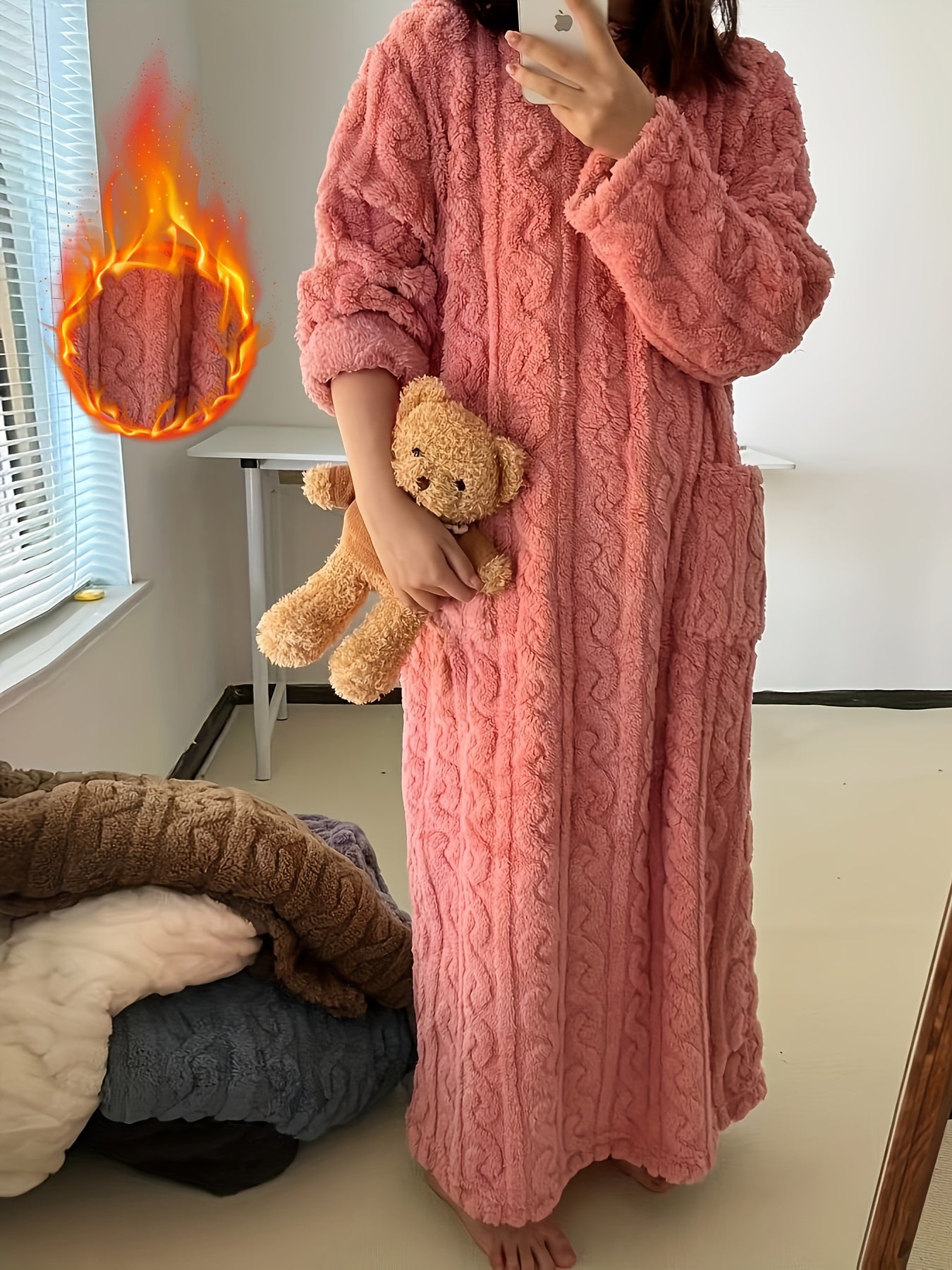 [Ultra-Soft Sleeprobe] Ultra-Soft Women's Heavy-Duty Coral Fleece Sleeprobe | Long Robe with Pockets, Non-Sheer Winter Nightgown for Cold Weather, Machine Washable Loungewear for Home, Spa, Lounge - Plush Robe, Cozy Home Atti