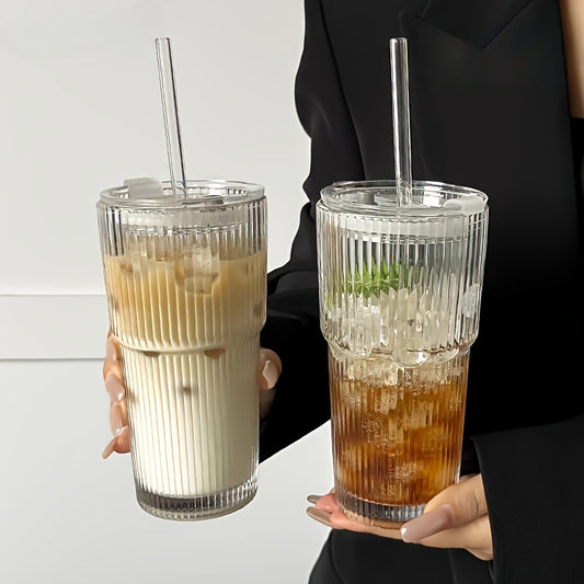 A glass cup consisting of 3pcs (striped glass cup+straw+lid), 20.290z/20.29oz visually appealing glass water cup, suitable for coffee, tea, whiskey, milk, iced American and latte drinks, durable and reusable drinking glass cu