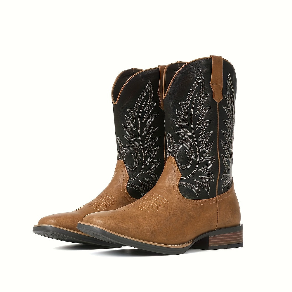 Men' Retro Cowboy Boots Chunky Heel Square Toe Western Boot Pull Embroide Work Shoes Durable Classic Vintage Spring Fall Shoes