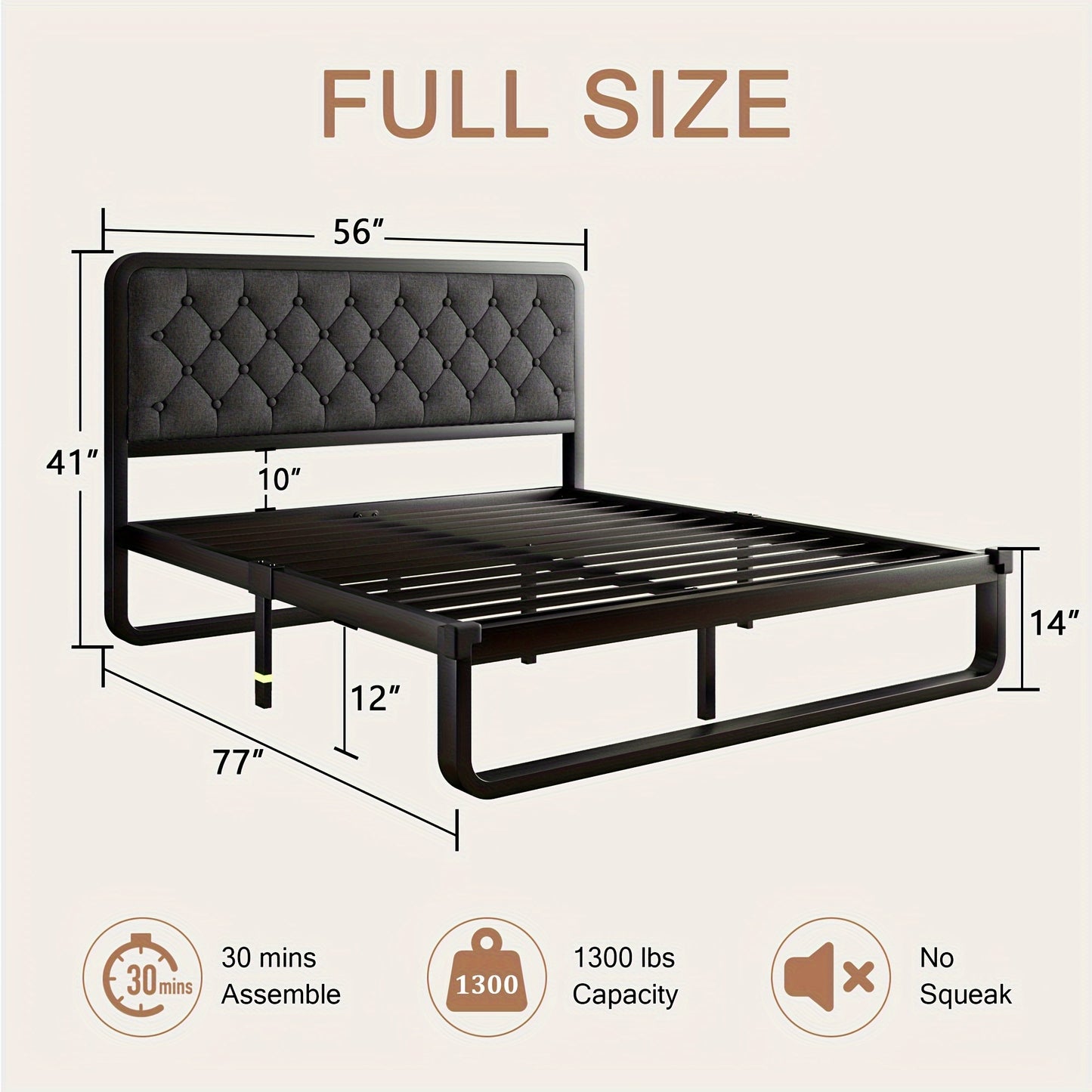 12" Heavy Duty Storage Platform Metal Bed Frame - Luxurious Button Tufted Upholstered Headboard, No Box Spring Needed, Sturdy Construction, Ample Storage Space, Easy Assembly