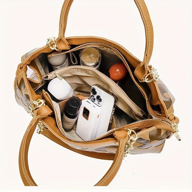 [Elegant Floral Tote Bag] IVKMIVK Women's Floral Embossed Tote Bag - Elegant Synthetic Faux Leather with Golden-Tone Hardware, Large Capacity, Perfect for Daily Commute, Office, and Travel | Floral Embossed Design | Office To