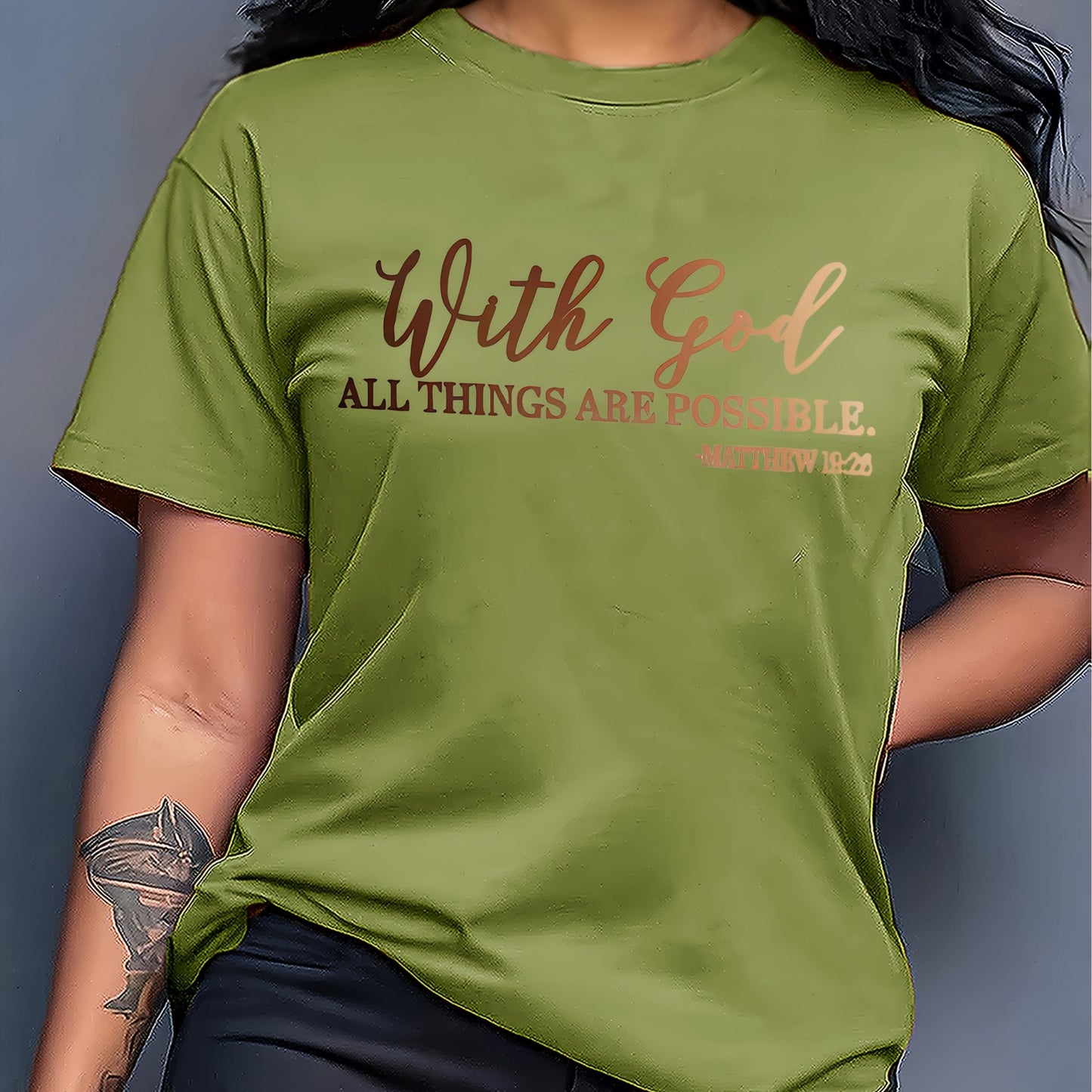 [Soft Christian Faith T-Shirt] Women's Soft Everyday Christian Faith T-Shirt | 'With God Everything is Possible' Bible Verse (Matthew 26:4) | Light Blue Casual Top for Church, Everyday Outfits | Machine Washable, Durable, Com