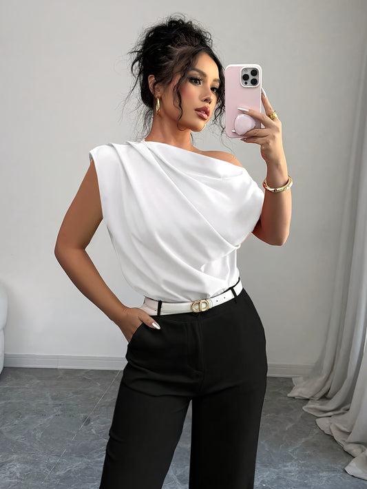 Women's Elegant Blouse - Asymmetrical One-Shoulder office & party shirt, Non-Stretchy fabric, Easy Hand Wash Care for Formal Events & Casual Attire, Versatile Top, Modern Fashion, Delicate Material, Stylish Shirt, Professiona