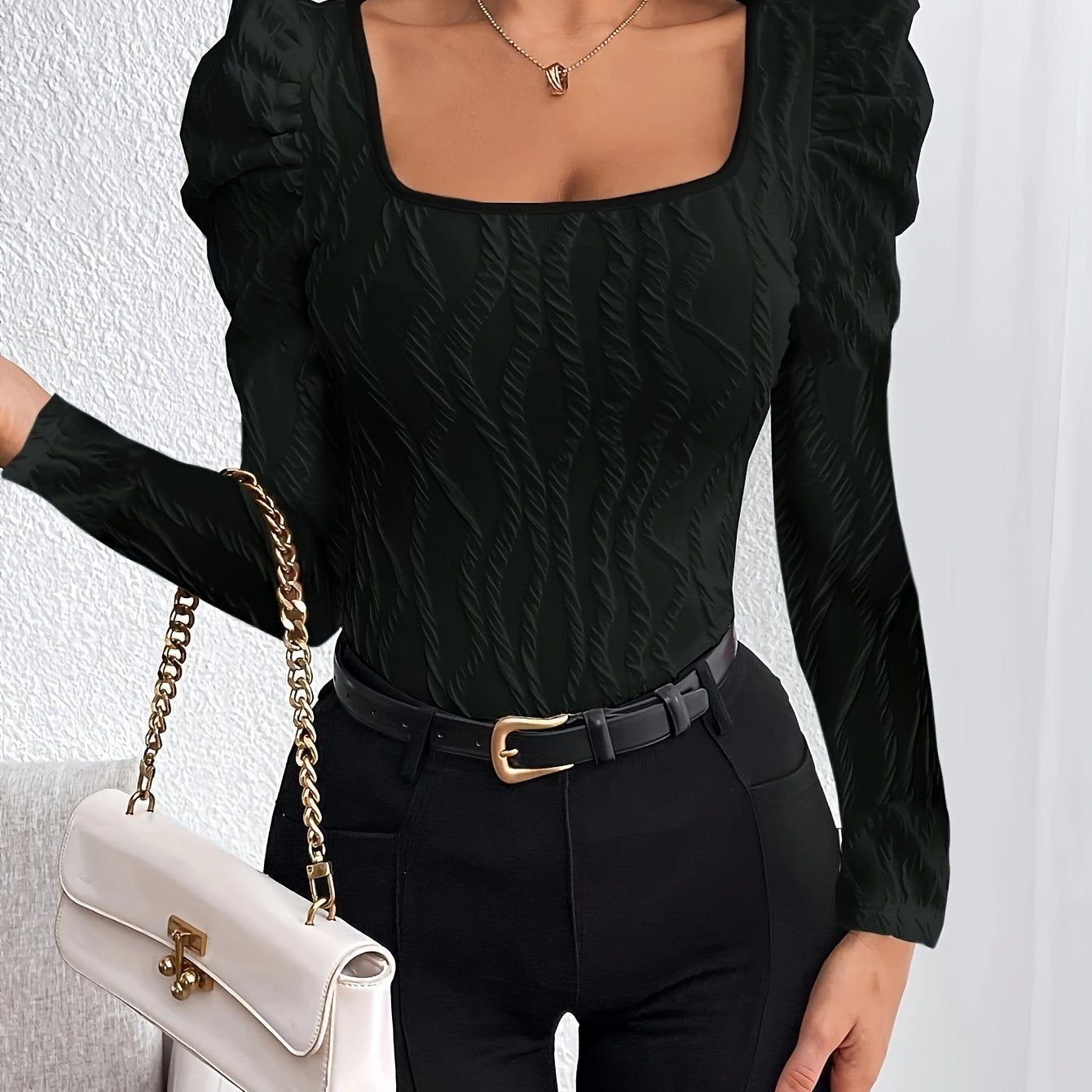 [Targeted Style]New Autumn and Winter Knitted Square Collar Textured Fabric Bubble Sleeve Ladies Elegant Long Sleeve Top