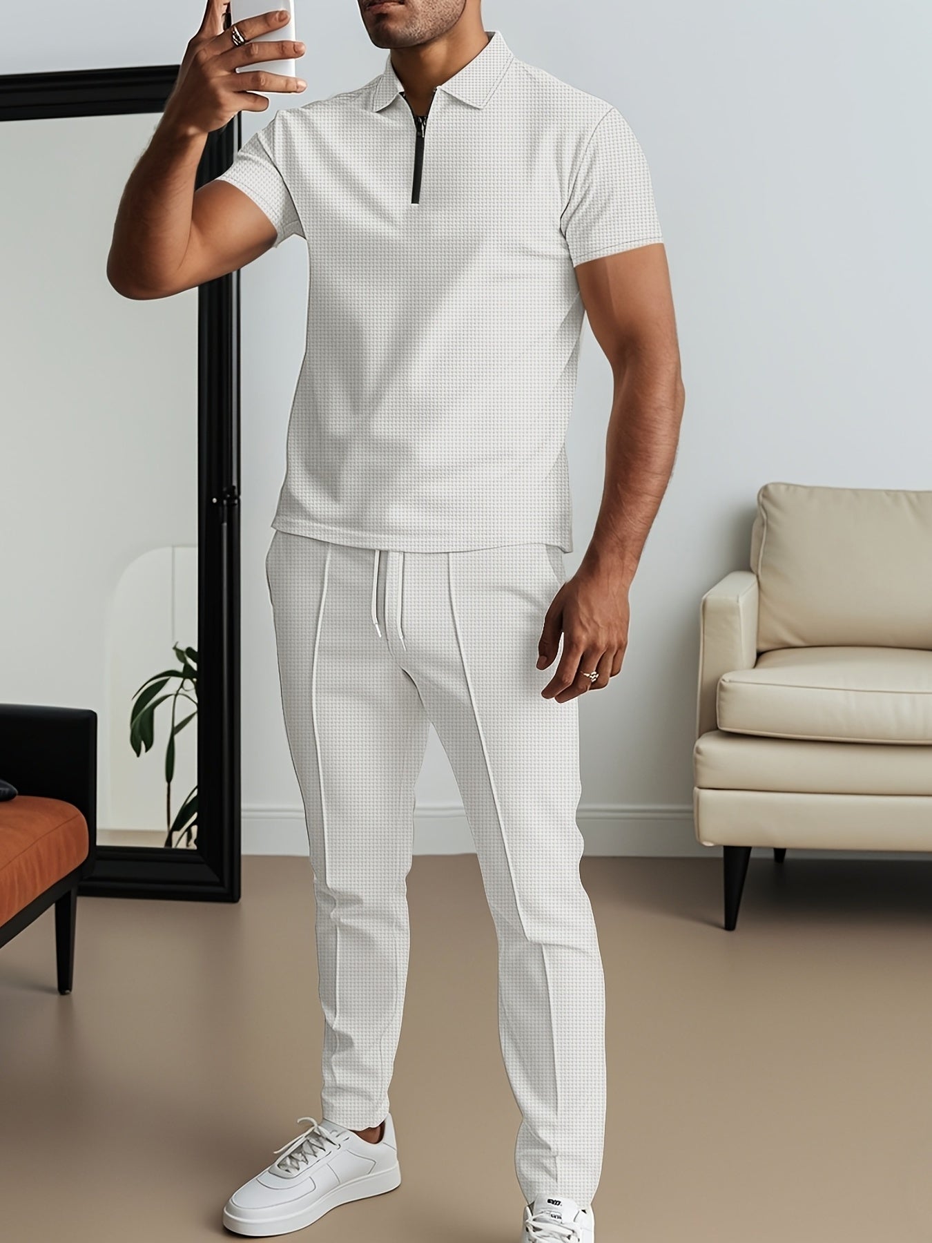Men's Waffle Texture Lapel Shirt And Pants Set - Polyester Short Sleeved Shirt, Zipper Access, Elastic Drawstring Waist Straight Leg Pants 5 Colors Suitable For Spring, Summer, Autumn, Beach, Outdoor Activities, Daily Wear, S