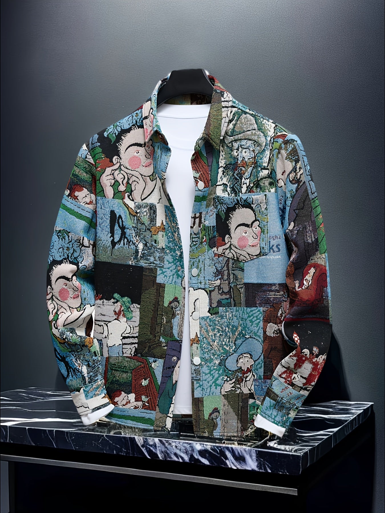 Men's slim-fit long-sleeve shirt - Van Gogh-inspired art buttons top, suitable for both formal and casual wear, machine washable polyester suit alternative - an ideal gift for art enthusiasts, street-style fashion outfit, ver