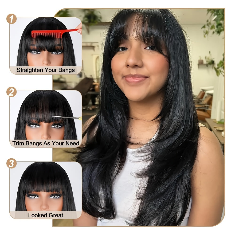 Long Straight Layered Wig with Bangs Glueless Natural Black Synthetic Bangs Wig 26 Inch Put On and Go Wigs High Temperature Fiber Pixie Cut Layered Wig for Women Daily Use