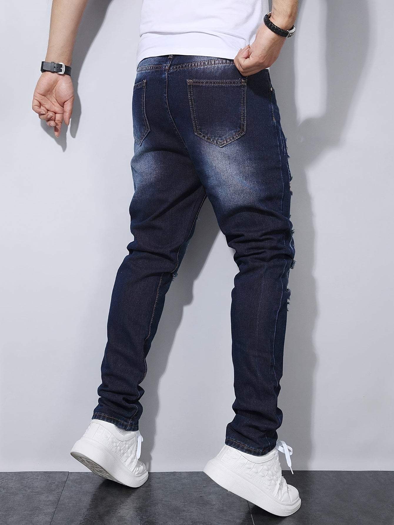 's & Teen Boys' Dark Washed Blue Distressed Jeans - Heavy-Denim Ripped Straight Leg Pants with Frayed Hem & Belt Loops, Mid-Rise Slim Fit for Casual Casual Attire (Machine Washable, All-Season) - Youthful Streetwear Style (Ag