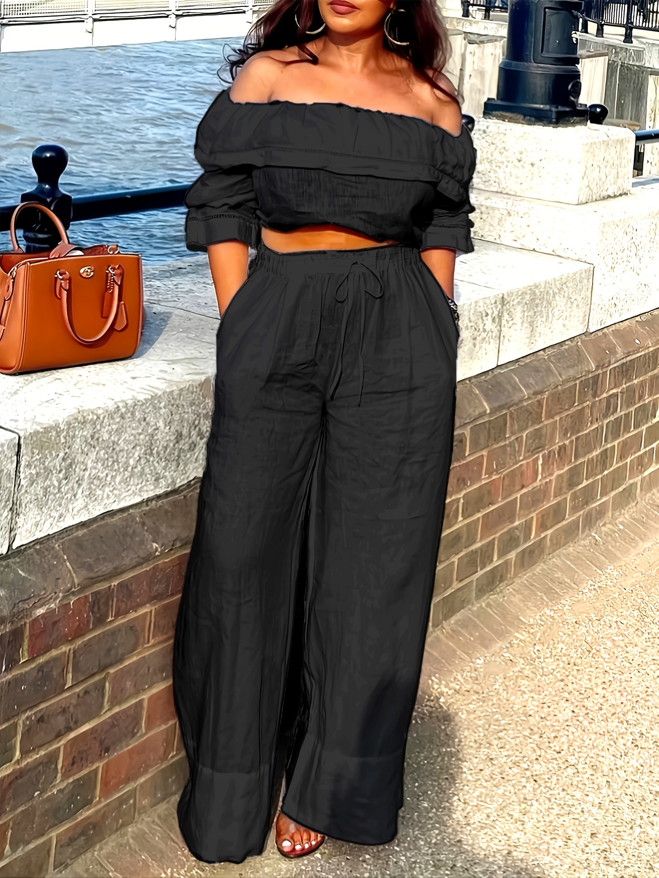 New Elegant Style Products In 2025, 2pcs Set Of Casual And Elegant Clothes For Women, Suitable For All Seasons To Wear, One-shoulder Off-shoulder Solid Color Top And Strap-on Straight-leg Pants Suit
