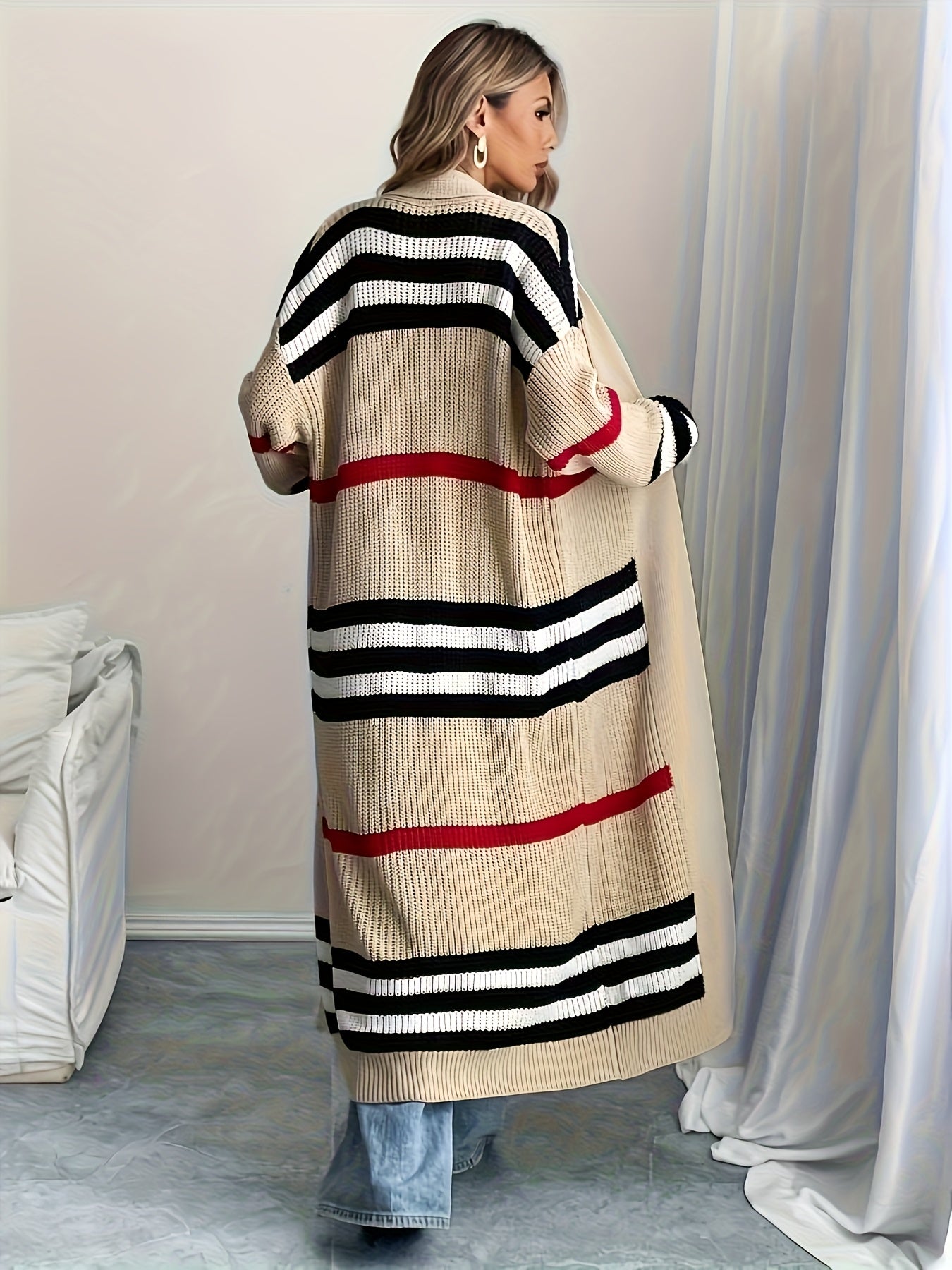 European and American Long Striped Sweater Loose Color-Block Versatile Cardigan Coat