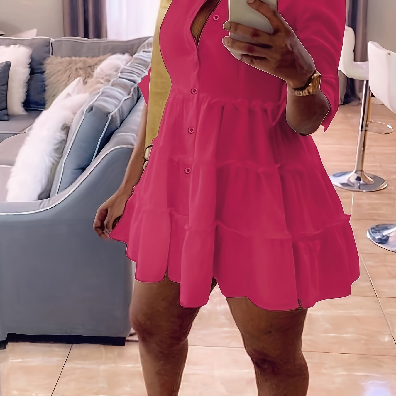 Single Elegant Half Sleeve Ruffle Trim Solid Color Shirt Dress for Spring & Summer, Women's Clothing