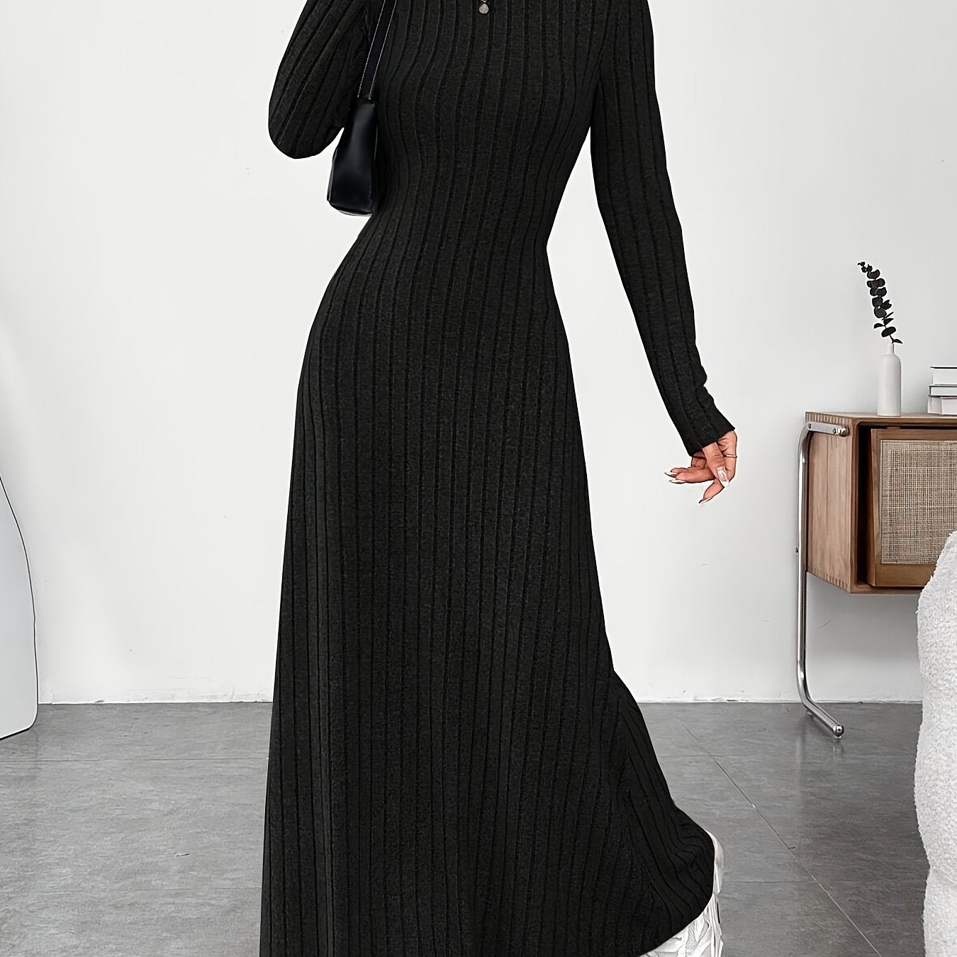 1pc Elegant High Neck Knit Dress for Women - Polyester Midi Fit and Flare with Long Sleeves, Solid Color, Skinny Fit, No Belt - Ideal for Fall/Winter Season