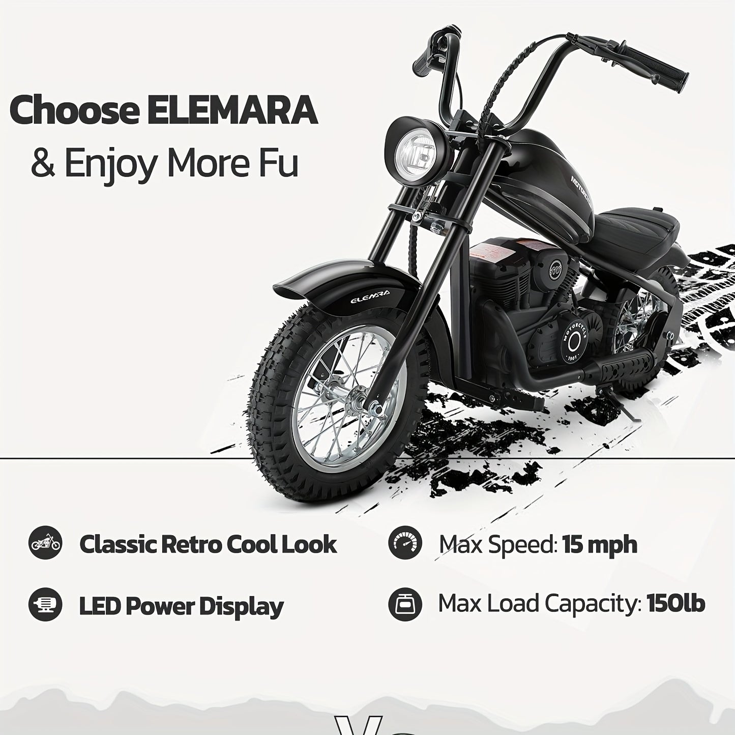 [Electric Dirt Bike] Electric Dirt Bike, Vintage Motorcycle - 15 mph, 150 lb Max, Chain-Driven Motor, LED Lights, Power Display, Shock Springs, Twist-Grip Throttle, Handbrake, 12" Air-Filled Tires