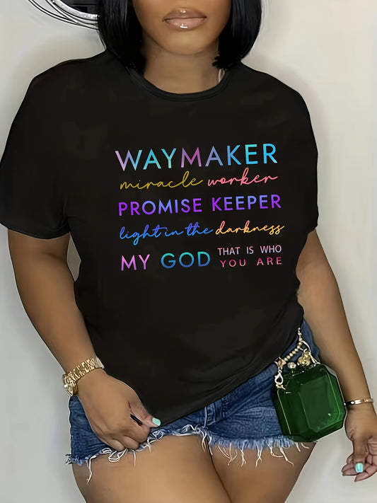 Plus Size Colorful WAYMAKER Print T-shirt, Casual Short Sleeve Crew Neck Top For Spring & Summer, Women's Plus Size Clothing