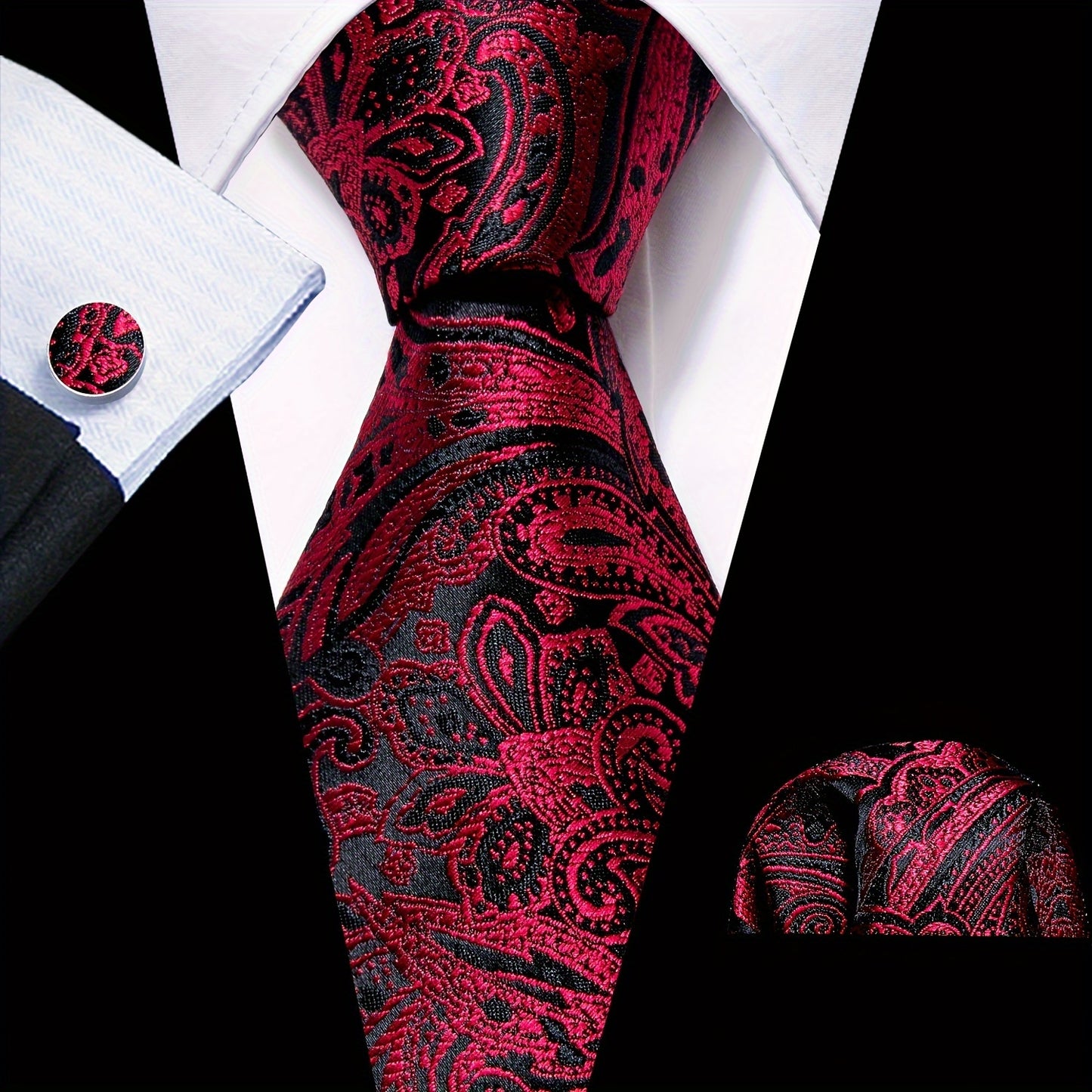 LINEZISEID 3pcs/set Men's Silk Classic Floral Necktie with Hanky And Cufflinks for Business & Wedding, Father's Day Gift, Paisley Ties for Men, Novelty Ties for Men, Special Occasion, Business Attire, Paisley Design, Elegant
