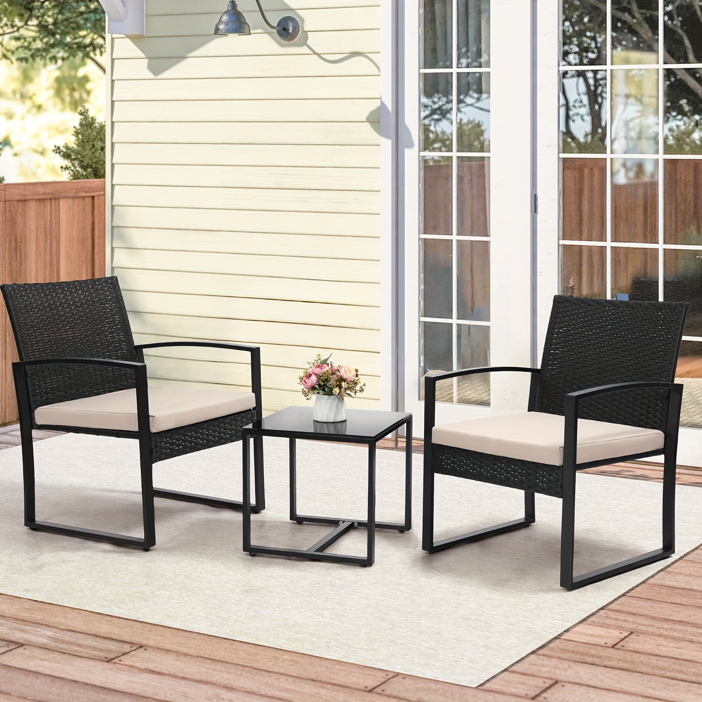 Outdoor Chairs With Bistro Table Furniture Set, Wicker Rattan 3pcs Conversation Set Includes 2 Waterproof Chairs With Thick Cushions And 1 Bistro Table With Safety Glass Top