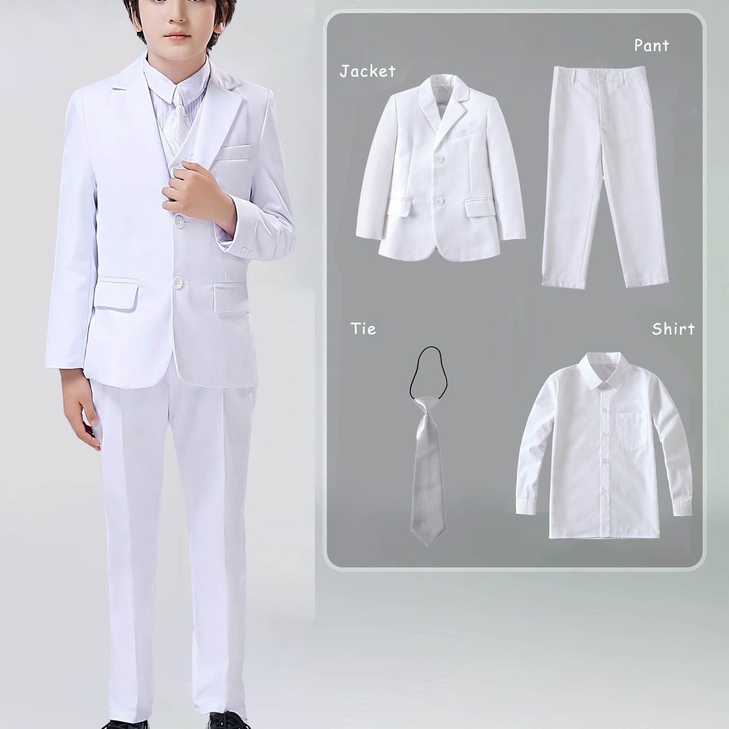 Boys' 4pcs Serge Suit Set: Jacket + White Ruffled Shirt + Pants + White Tie, White/ Black/ Royal Blue, Sizes 2-16, Ideal for Weddings/ Flower Boy/ Back to School, Perfect for Outdoor, Perfect for Thanksgiving, Perfect for Chr