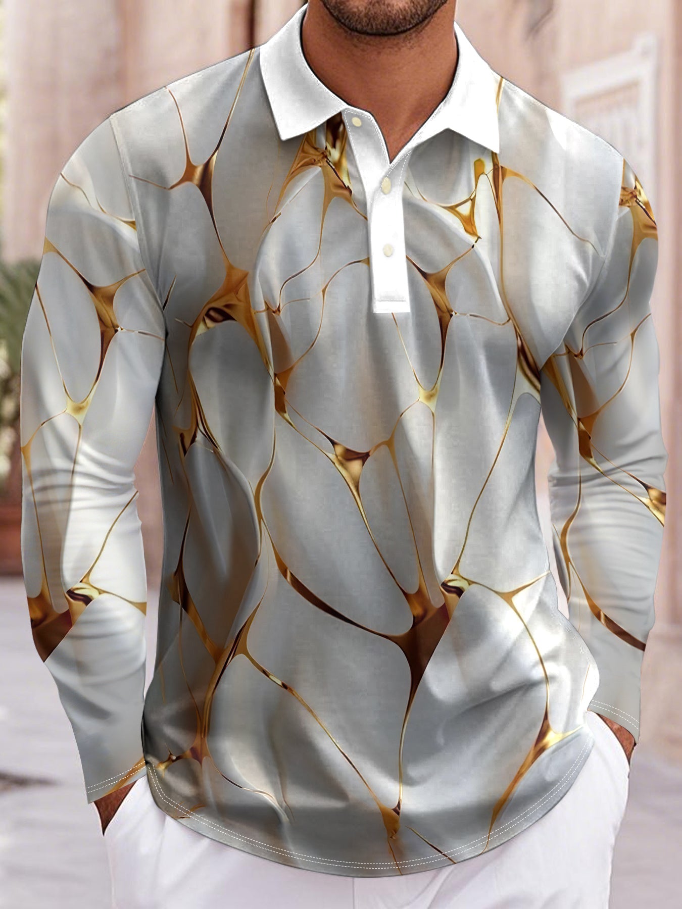 Men'S Elegant Marble Pattern Shirt - Lightweight Breathable Long Sleeve Formal & Casual Shirt, Black & Golden Swirls, Regular Fit for Office, Parties, Golf - All-Season Business & Everyday Attire for Men & Teens, Marble Print