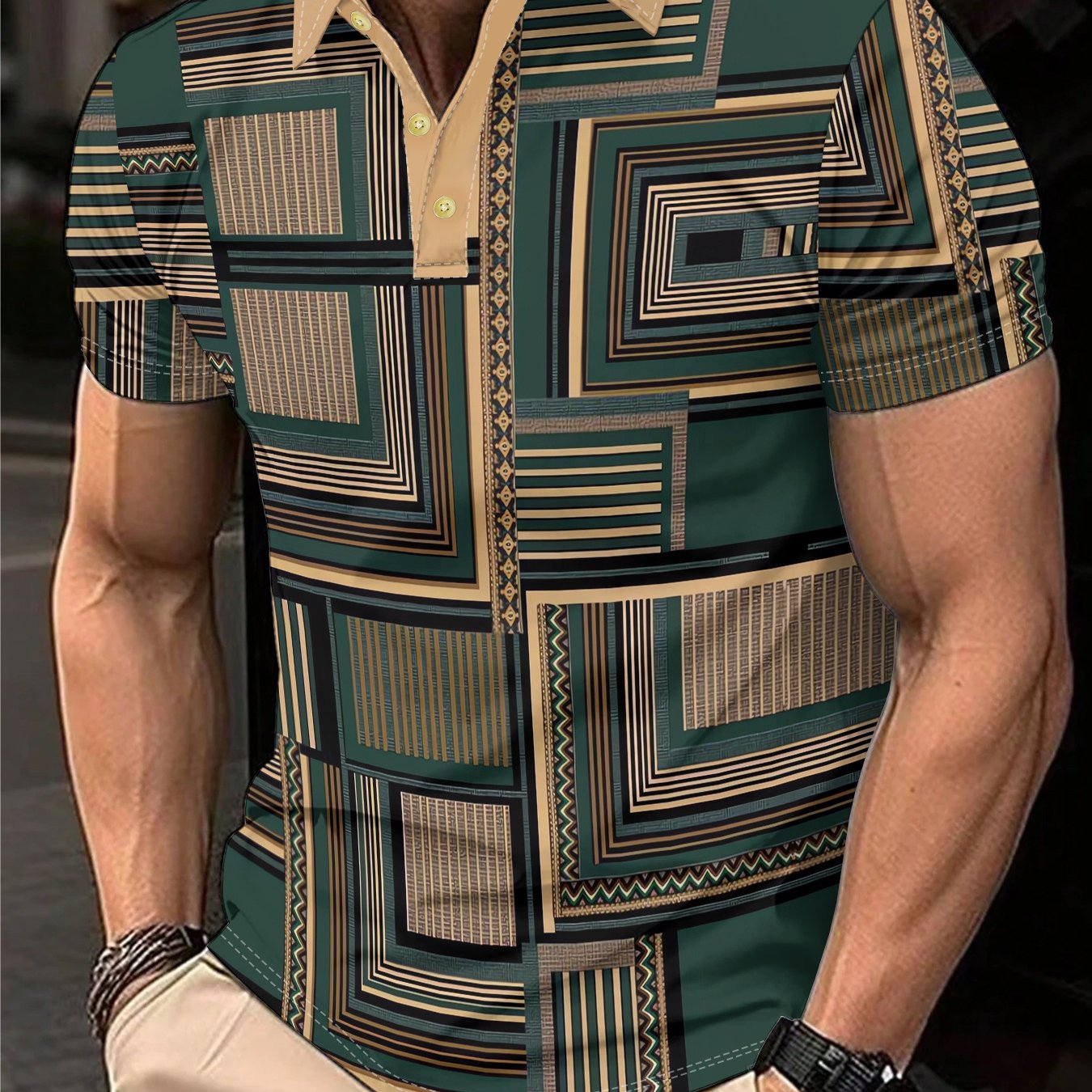 Men'S Stylish Three-Dimensional Geometric Pattern Printed Short-Sleeved Sports POLO Shirt