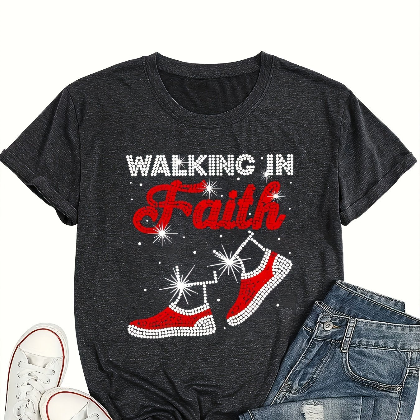 [Sparkling Inspirational Letter Print Tee] Dazzle Casual, Sparkling Rhinestone Letter Print T-Shirt for Women - Casual Crew Neck, Short Sleeve, Inspirational Faith Graphic Tee