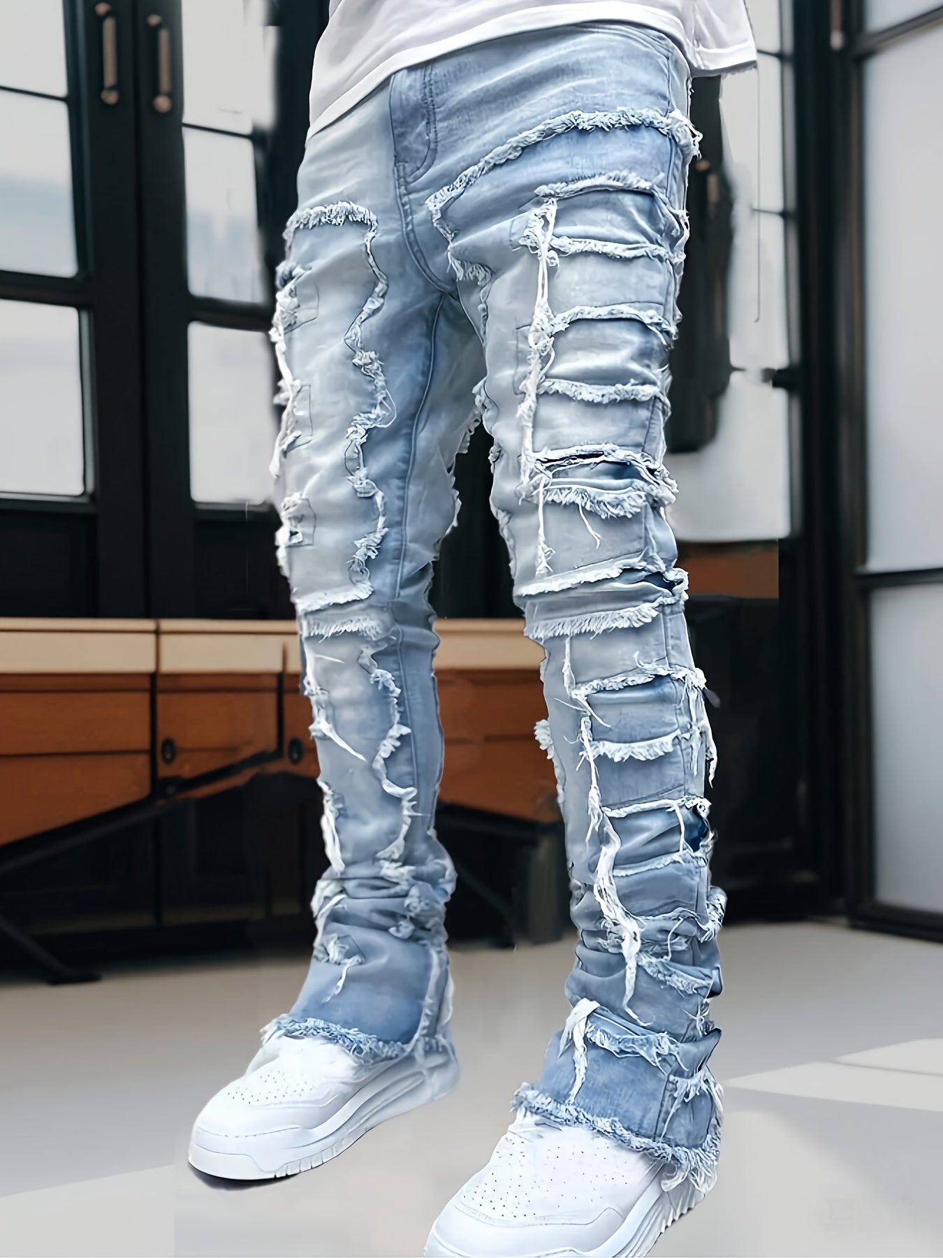 Men's Stretch Skinny Jeans - Slim-Fit Distressed Frayed Hem Pants, Mid-Rise Waist & Tapered Cuff, Non-See-Through All-Season Jeans for Everyday & Formal Outfits - Machine Washable Denim-Like Pants, Formal Outfit Jeans, Casual