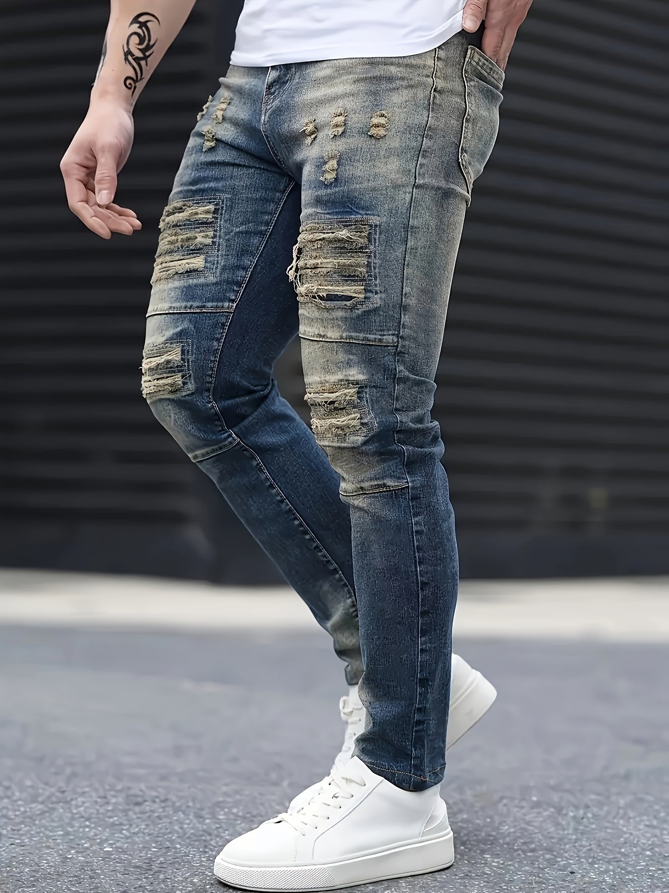 Men's Jeans, Stretch Denim Feet, Ripped, Craftsmanship, Slim, Dark Blue, Worn Men's Pants, Suitable for All Seasons