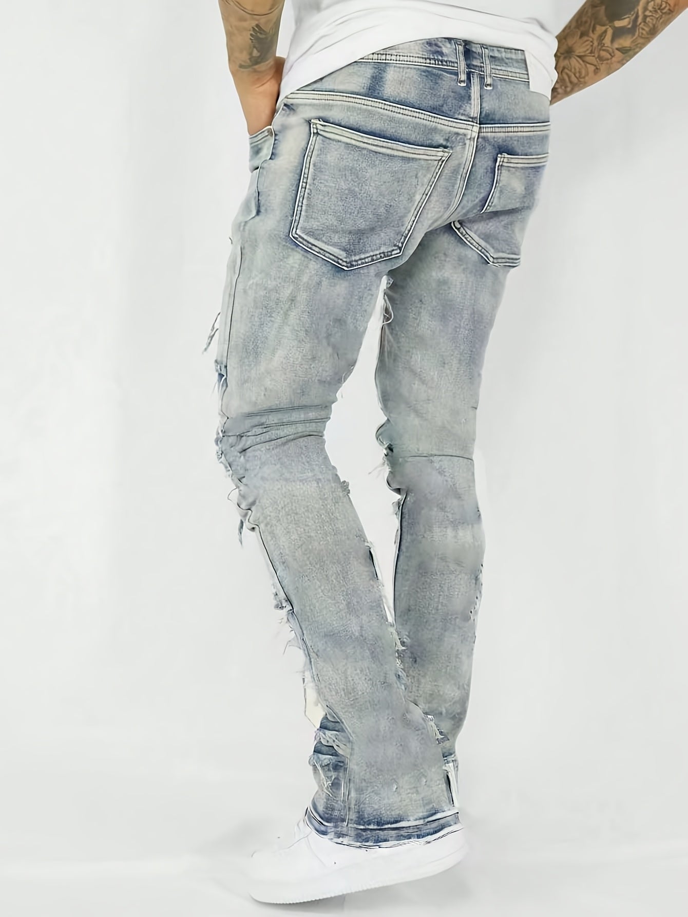 Men'S Casual Washed Denim Jeans With Fringed Edge Design, Slim Fit, Retro Streetwear, Trendy Brand, Versatile For Commuting
