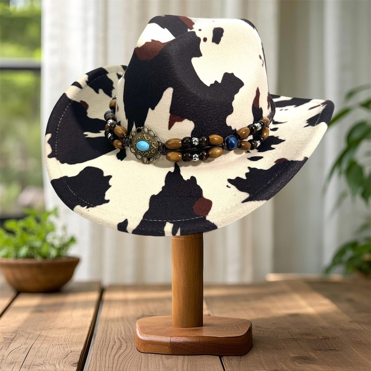 Cow Print Cowgirl Hat for Women & Men - Wide Brim Beaded Belt Western Cap with Black & White Cow Pattern, Brown & White Accents, Perfect for Parties, Beach, and Outdoor Events, Cowboy Hat, Party Accessory, Stylish Headwear