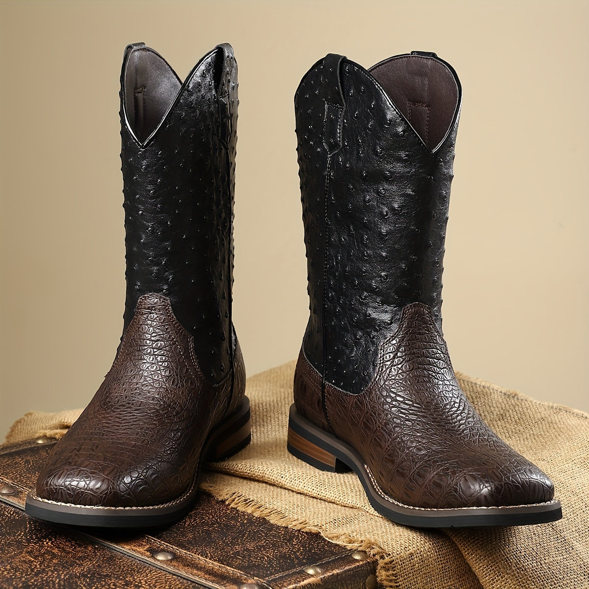 [All-Season Solid Color Cowboy Boots] Men's Casual Western Boots with Ostrich-Quill Print PU Upper, Fabric Lining, Rubber Sole, Slip-On Closure, Pointed Toe - All-Season Solid Color Daily Wear Cowboy Boots