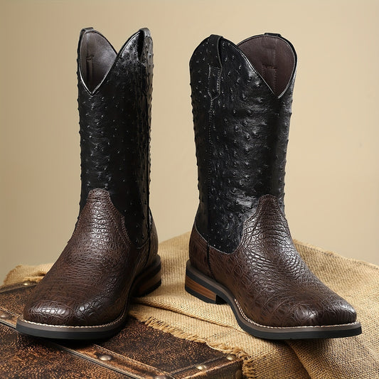[All-Season Solid Color Cowboy Boots] Men's Casual Western Boots with Ostrich-Quill Print PU Upper, Fabric Lining, Rubber Sole, Slip-On Closure, Pointed Toe - All-Season Solid Color Daily Wear Cowboy Boots