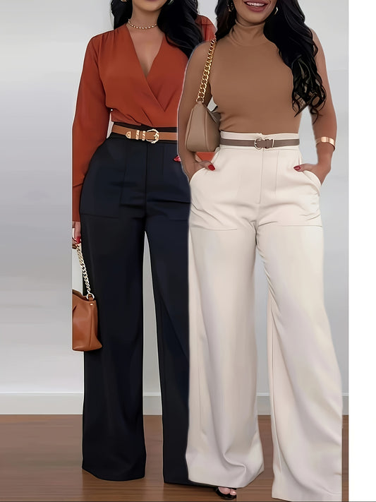 Two-Pack Women's Elegant Straight Leg Work Pants with Large Side Bags, Wide Leg Pants for Women High Waist, Extra Long Pants, High Waist Trouser Pants for Women, Stretch Straight Leg Pants for Women, Leg Pants for Women