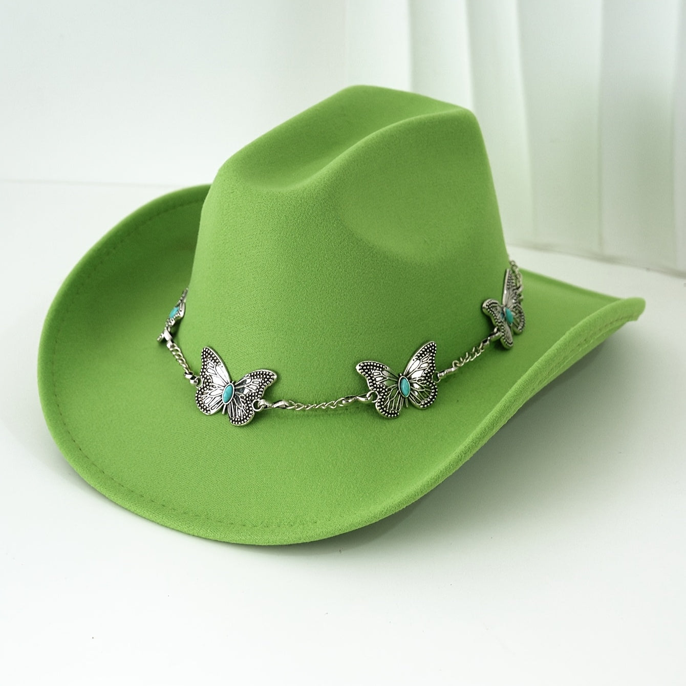 [Western Cowgirl Hat] 1pc Western Cowgirl Hat | Lightweight, Polyester, Woven, Fedora Style with Silvery Metal Butterfly, Ideal for Western Themed Events & Grassland Music Festivals