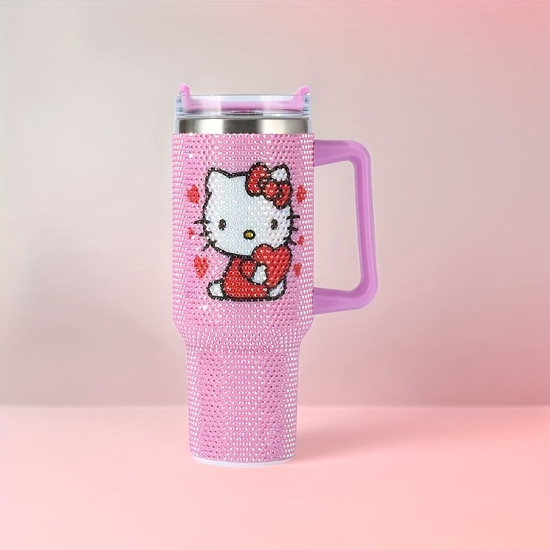 1pc Hello Kitty 40oz Stainless Steel Insulated Water Bottle with Rhinestone Tumbler Lid, Cute Pink Kitty Cat Handle & Straw - BPA-Free Thermos for,, Women, Birthday/Christmas/Valentine's Gift, Hot/Cold Drink Thermos, Drink Bo