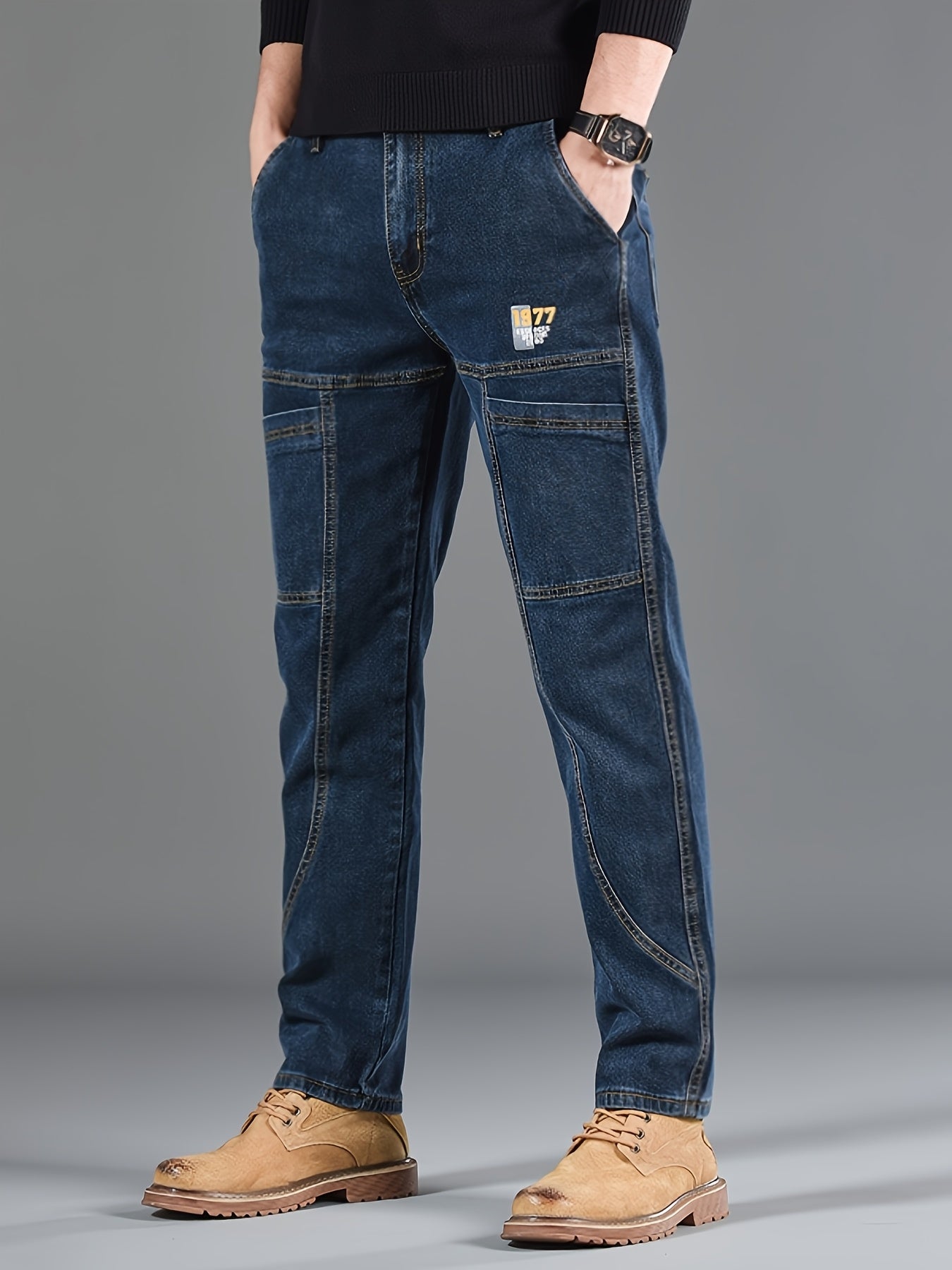 Men'S Small Straight Tube Style Fashionable Printed Six Pocket Design Micro Elastic Denim Pants