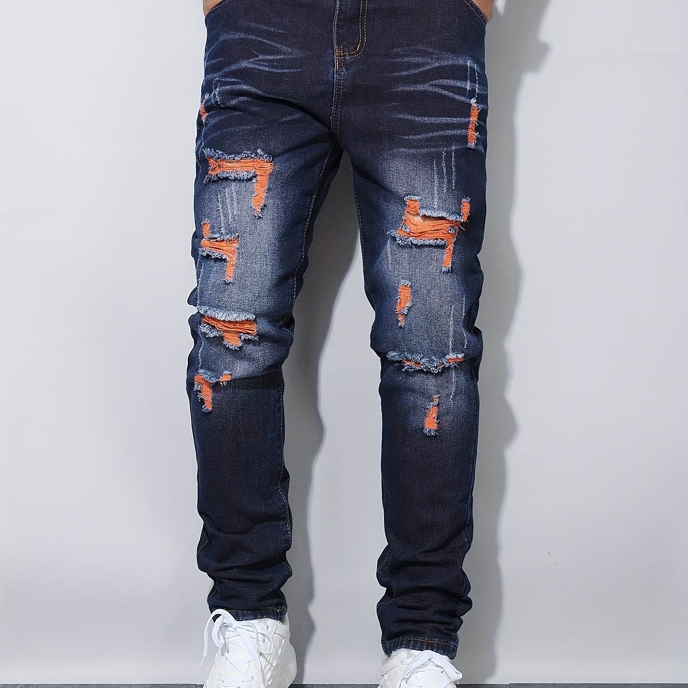 's & Teen Boys' Dark Washed Blue Distressed Jeans - Heavy-Denim Ripped Straight Leg Pants with Frayed Hem & Belt Loops, Mid-Rise Slim Fit for Casual Casual Attire (Machine Washable, All-Season) - Youthful Streetwear Style (Ag