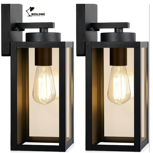 Beslowe 2-Pack Outdoor Lights, Exterior Lanterns, Porch Sconces Wall Mounted Lighting with E26 Sockets & Glass Shades, Modern Matte Black Wall Lamps for Patio Front Door Entryway