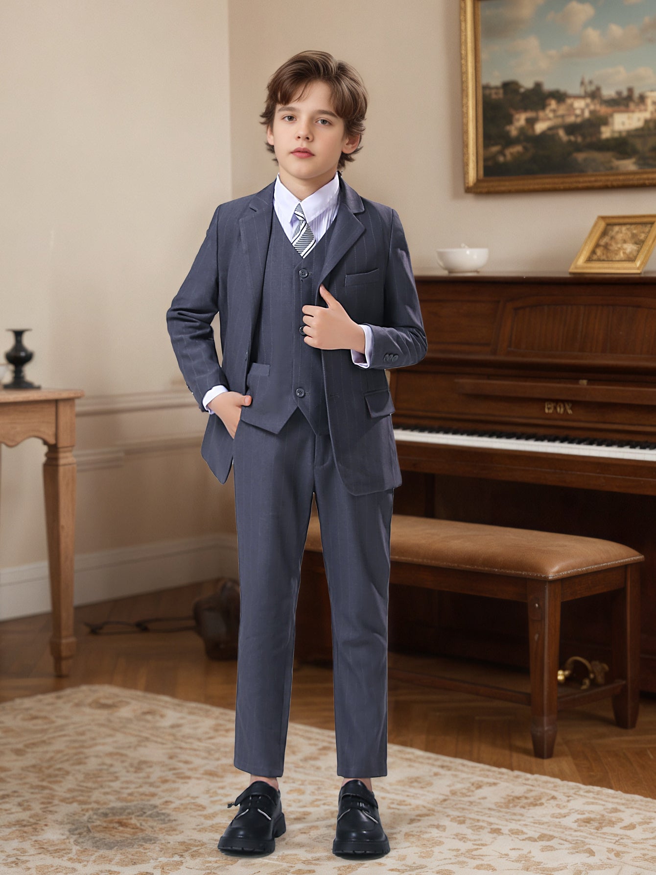 Boys' Suit 3pcs Set Boys Striped Suit Set - Blazer Jacket Vest & Pants for Kids Formal Wedding Church Baptism Party Outfit Slim Fit Stretch Comfortable Tuxedo Photoshoot Attire Size 3-16