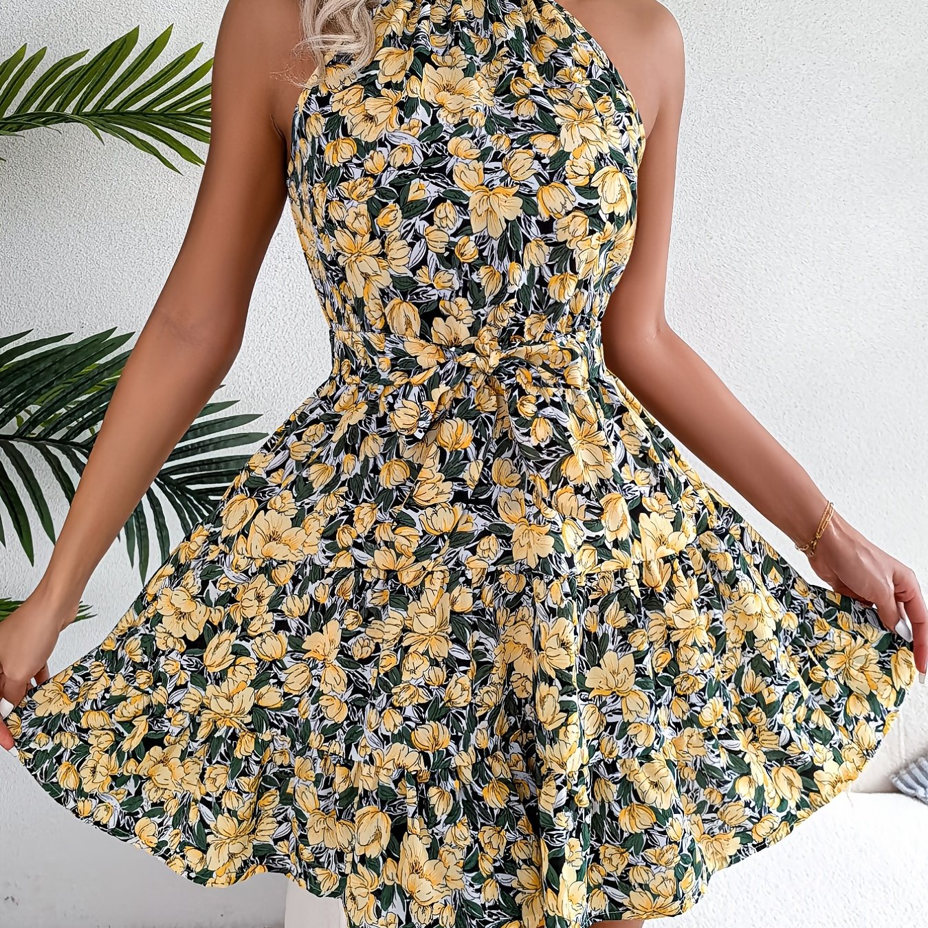 [Summer Floral Belted Beach Dress] Floral Print Belted Beach Dress, Sleeveless Casual Vacation Dress For Summer & Spring, Women's Clothing