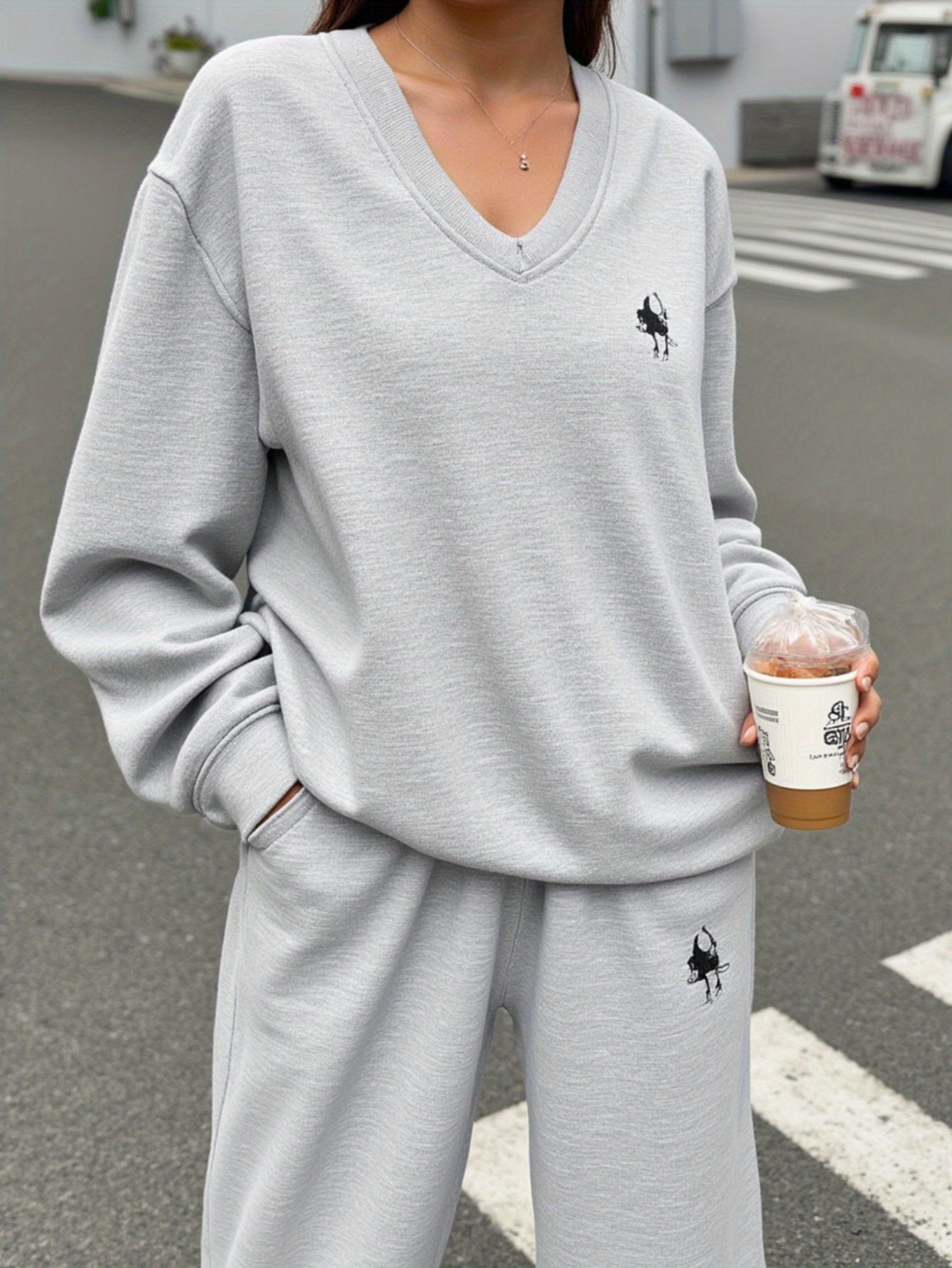 Women's Stylish Light Grey V-Neck Sweatshirt & Jogger Set - Cozy Fall & Winter Outfit with Pockets, Casual Crew Neck, Long Sleeve, Loose Fit for Casual Attire, Casual Wear|Vneck Design| Construction, Sweater Set