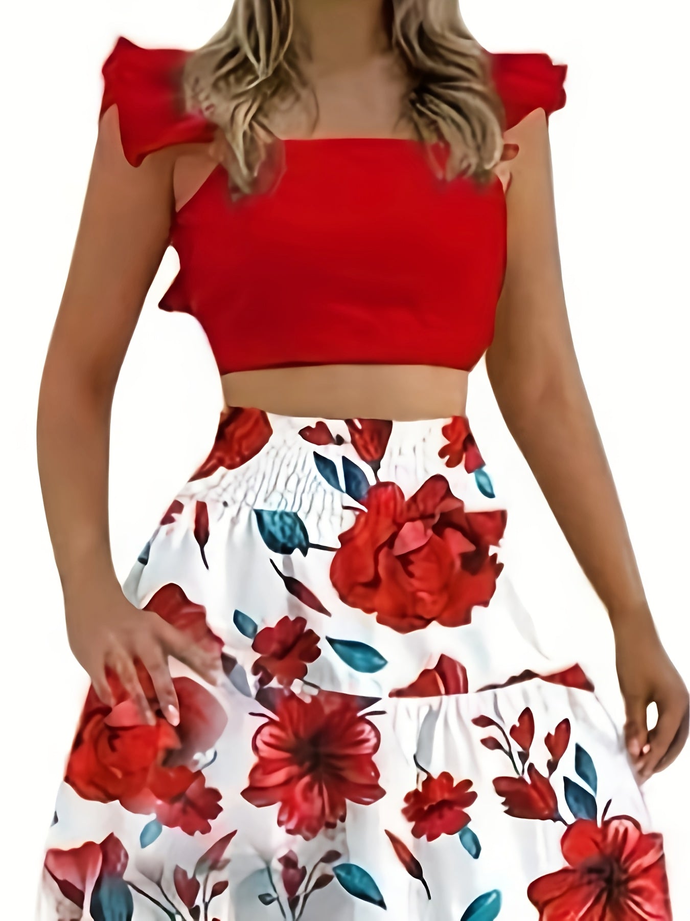 Women'S Floral Print Blouse & Skirt Set - Elegant Red & White Flowers, Polyester, Boat Neck, Sleeveless Top with Ruffle Detail, Flowy Skirt for Spring/Summer, Casual Attire | Floral Print Top | Polyester Fabri