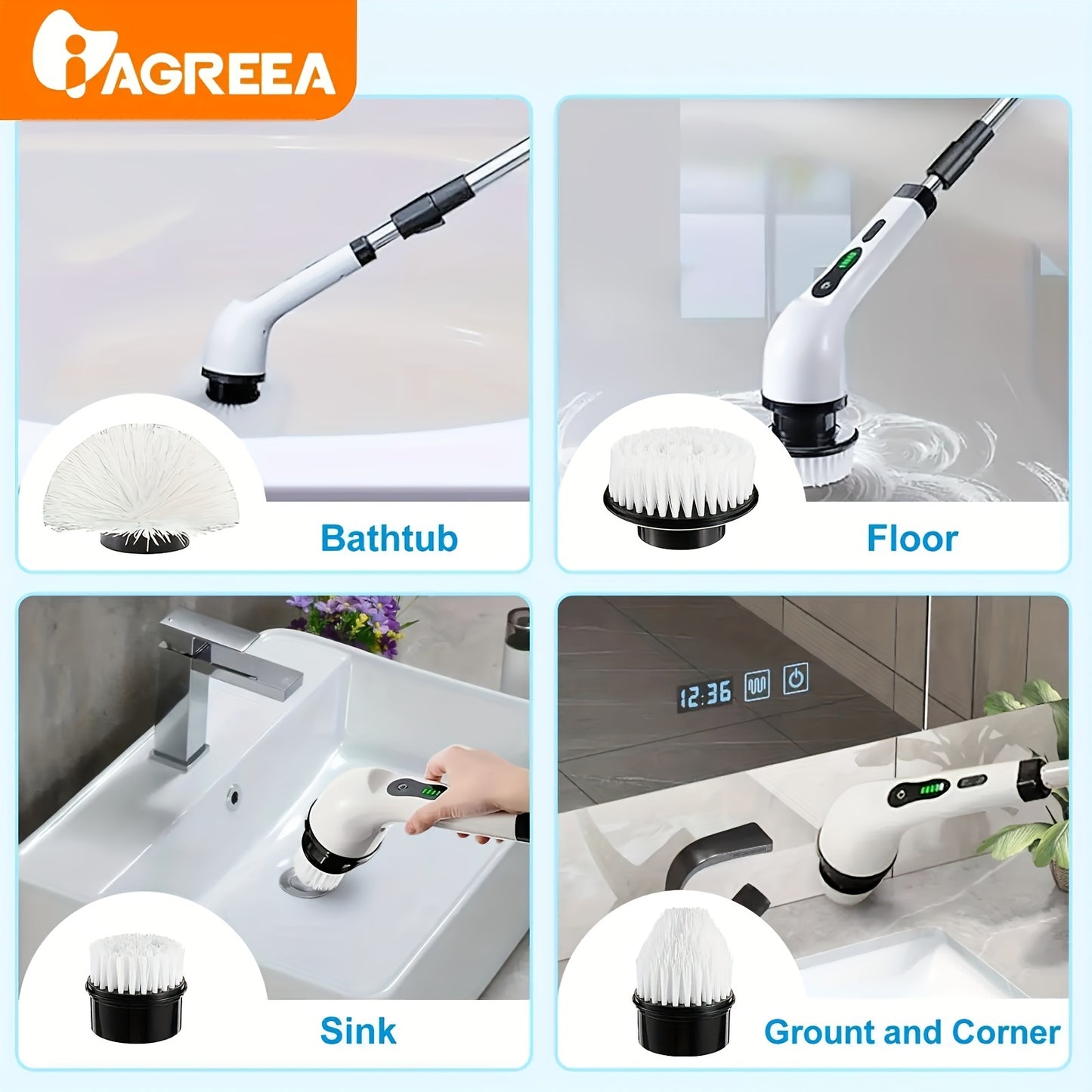 [Cordless Rotating Cleaner] Cordless Electric Rotating Cleaner - 8 Interchangeable Brush Heads, Adjustable Extended Handle, Two Cleaning Speeds - For 360-Degree Wireless Cleaning of Bathrooms, Bathtubs, Showers, Car Windows,