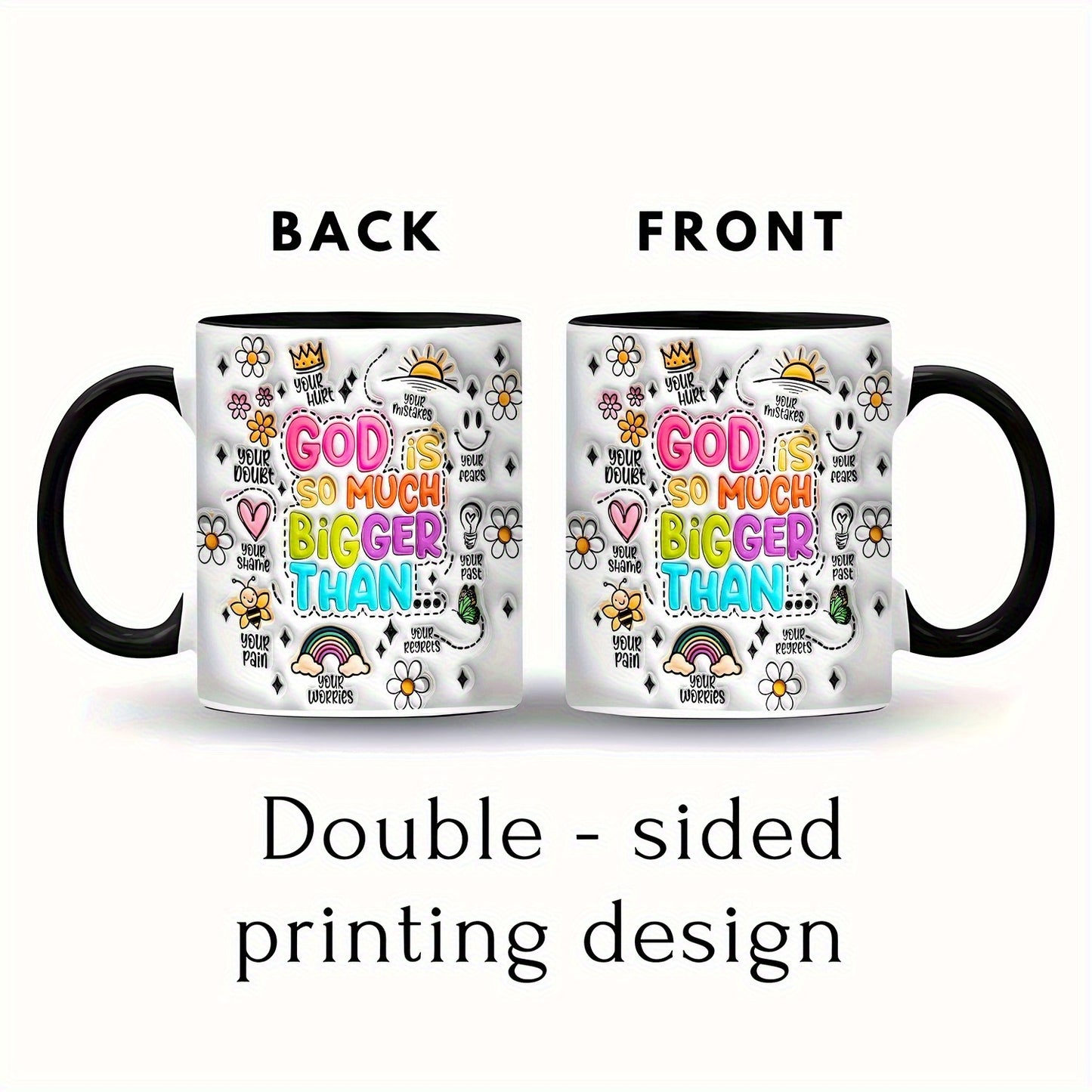 11oz Inspirational Ceramic Coffee Mug with "God Is Much Bigger Than" Message - Floral & Rainbow Design, Uplifting Christian Gift for Birthdays, Valentine's Day, Office Use - Durable C-Handle for Hot Beverages, Coffee Bar Acce