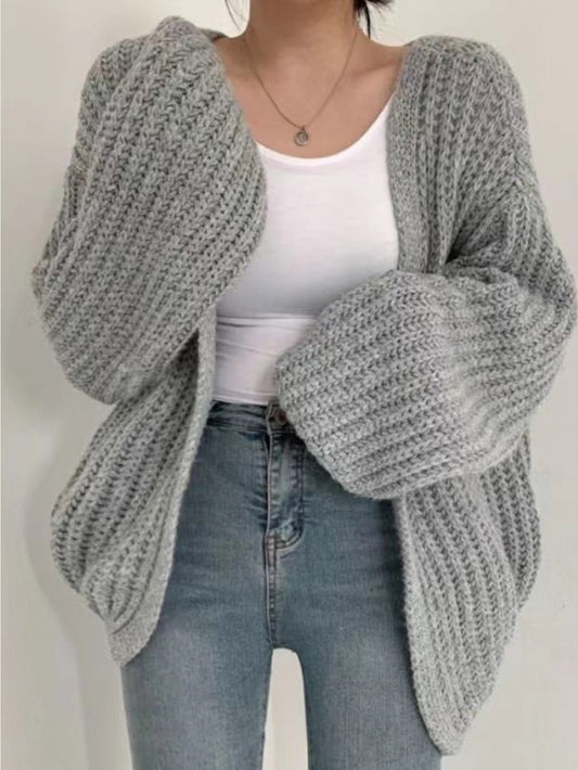 Women's Light Gray Chunky Cardigan Sweater - Oversized V-Neck Collar, Cozy Winter Jacket for Casual & Office Wear, Hand Washable Medium Stretch Knitwear (No Dry Clean), Mature-Chic Fall Winter Outerwear