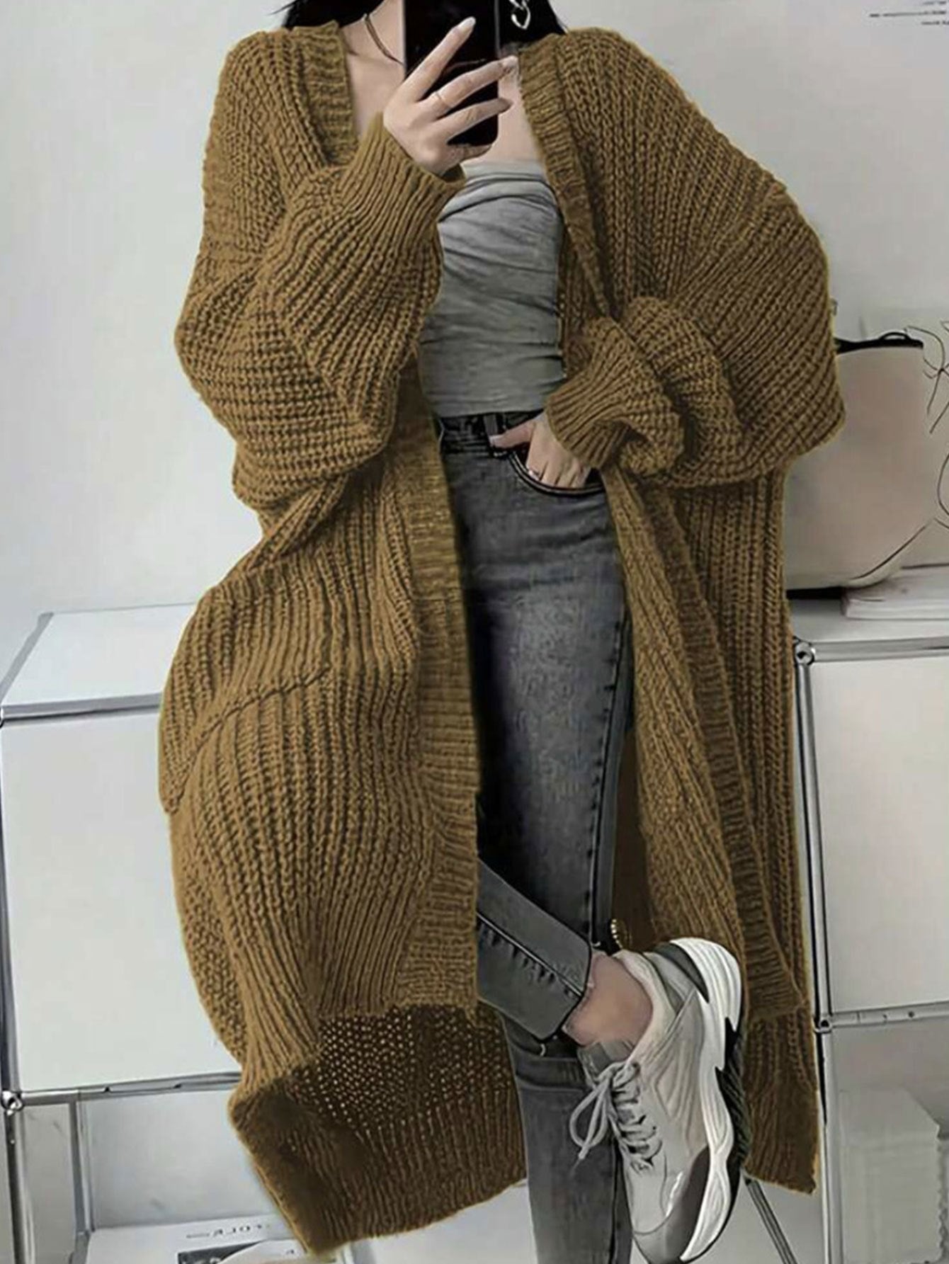 2025 Women'S Casual Long Sleeve Open Front Sweaters with Pockets in Plain Rib for Autumn, Long Cardigan For Women, Women'S Cardigan, Winter Clothe For Women, Fall Clothe For Women, Top For Women